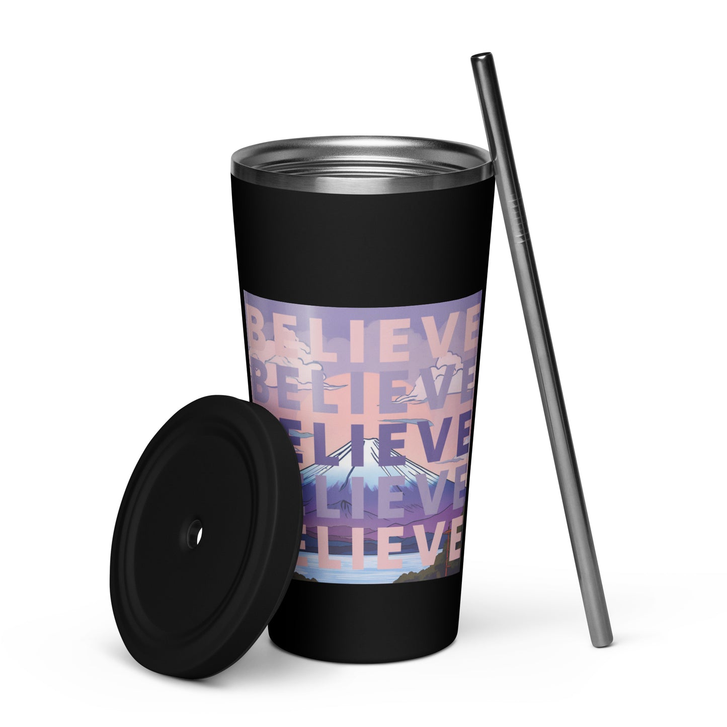 "BELIEVE" insulated tumbler with straw