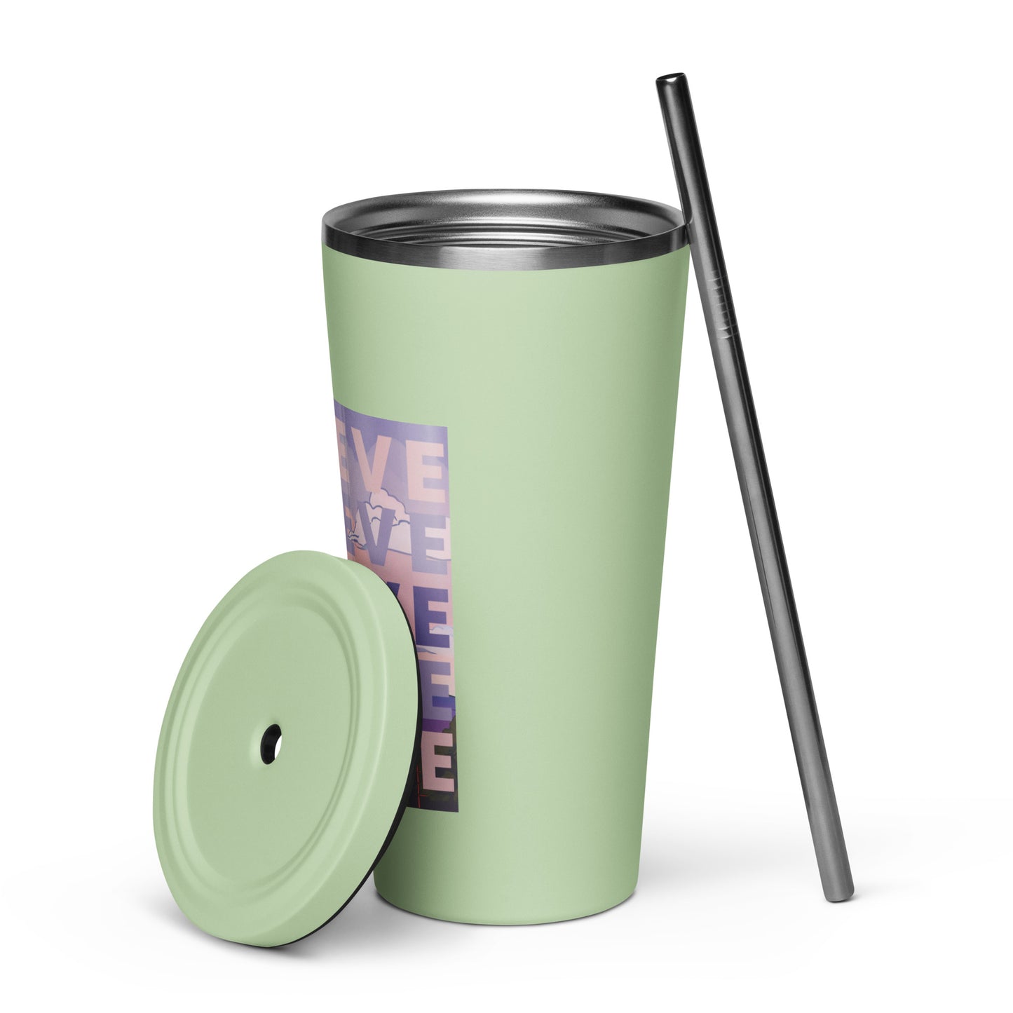 "BELIEVE" insulated tumbler with straw