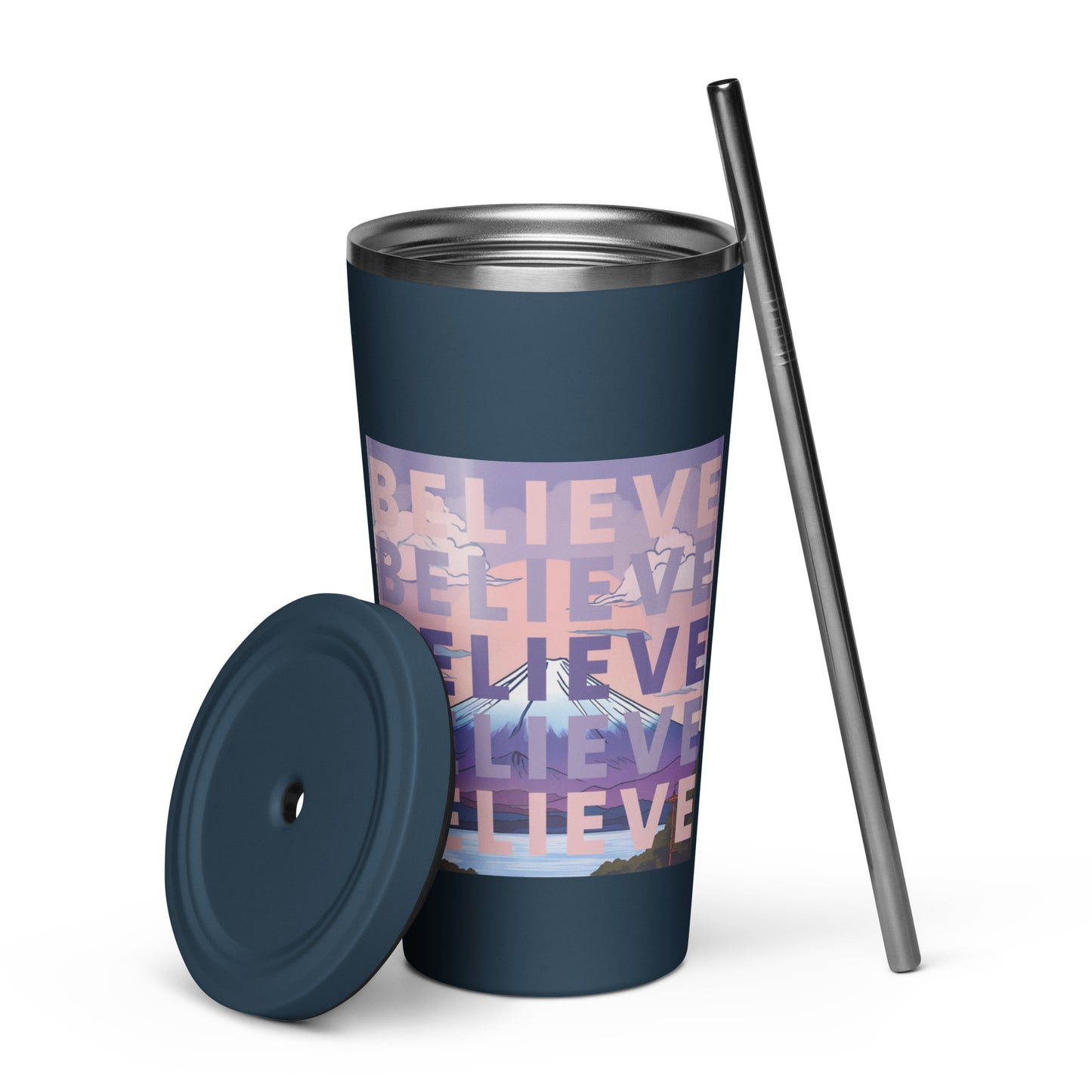 "BELIEVE" insulated tumbler with straw