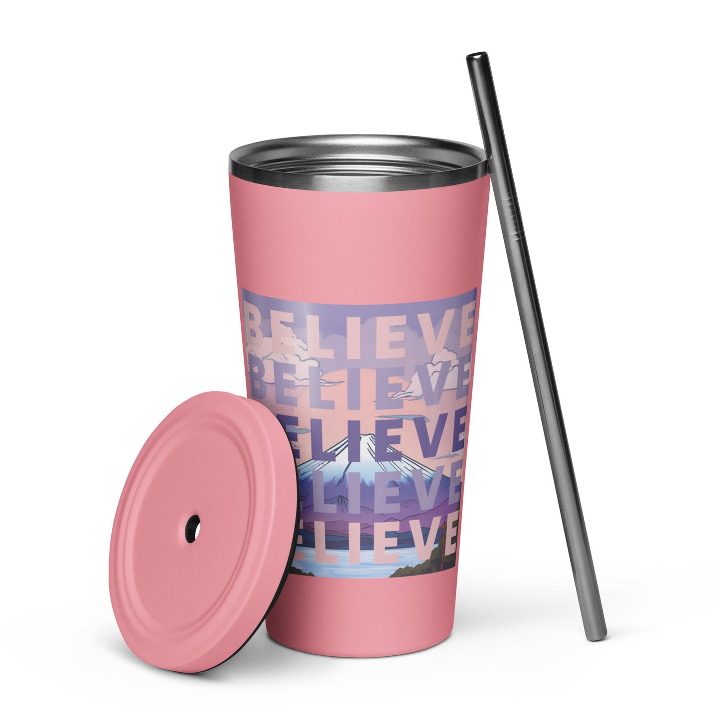 "BELIEVE" insulated tumbler with straw