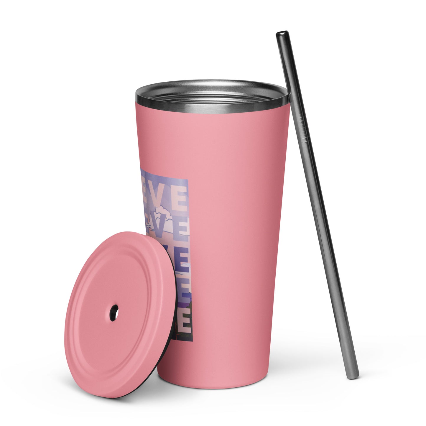 "BELIEVE" insulated tumbler with straw