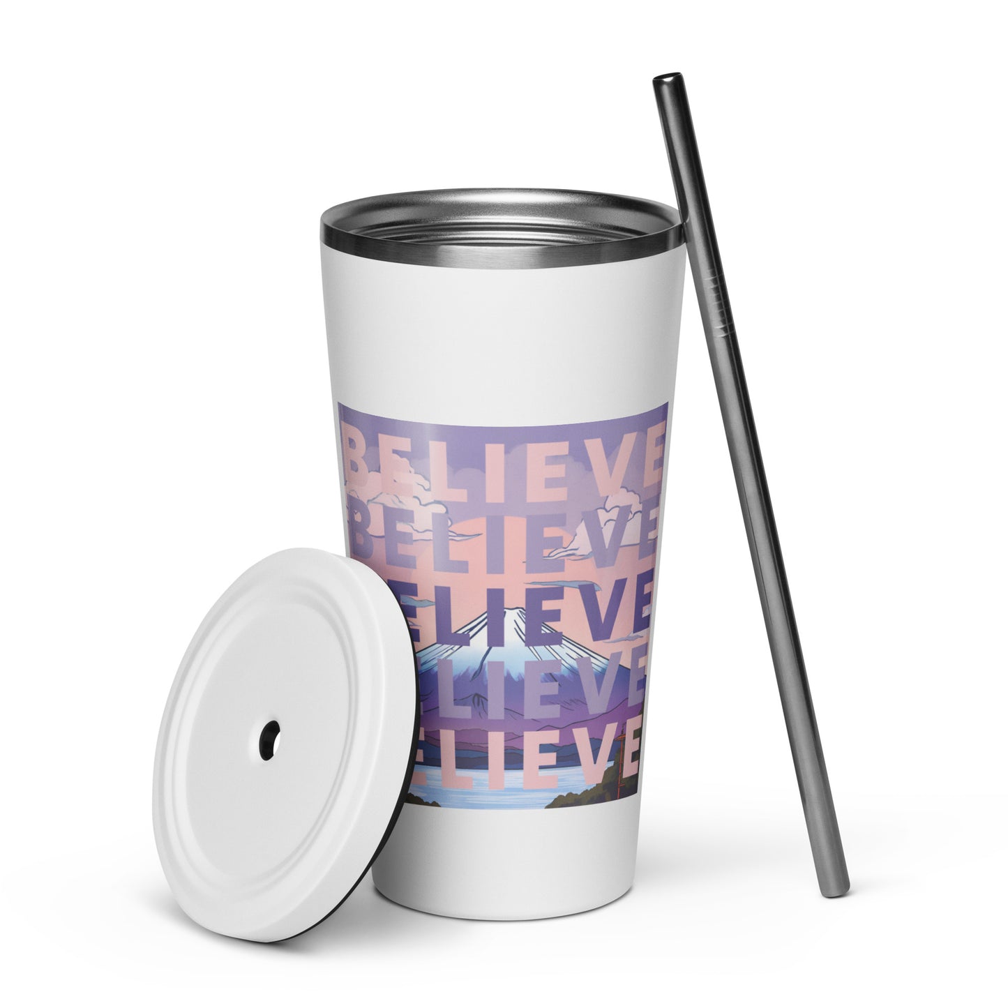 "BELIEVE" insulated tumbler with straw