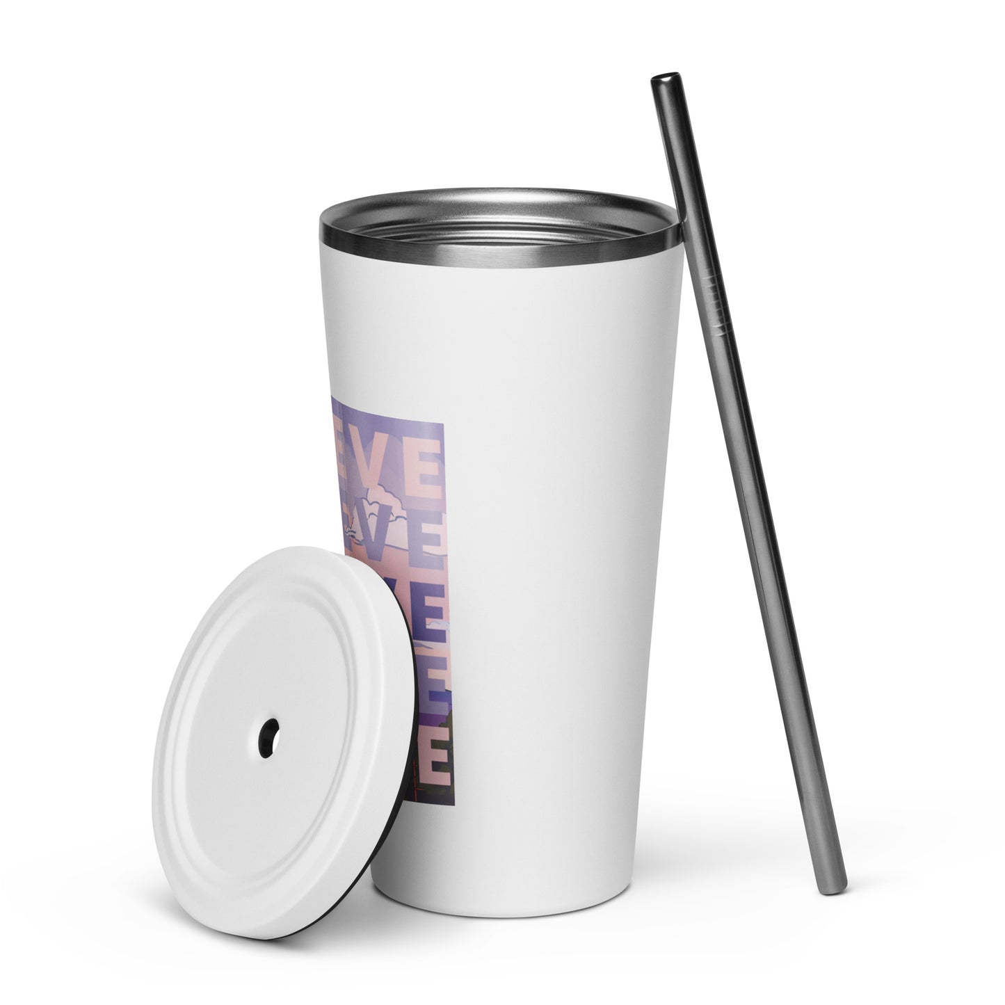 "BELIEVE" insulated tumbler with straw